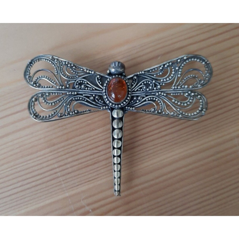925 Sterling Silver Amber Dragonfly Filigree Modernist Vintage Brooch Pin